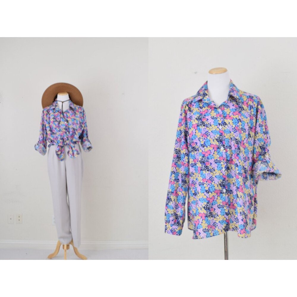 Vintage 80s Poly/Cotton Blue Floral Print Blouse |‎ size Large